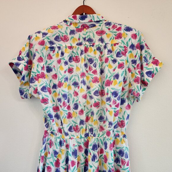 Vtg 70's Fit Flare Midi Shirt Dress Floral Colorful Collar Women M Retrolook - Picture 12 of 14